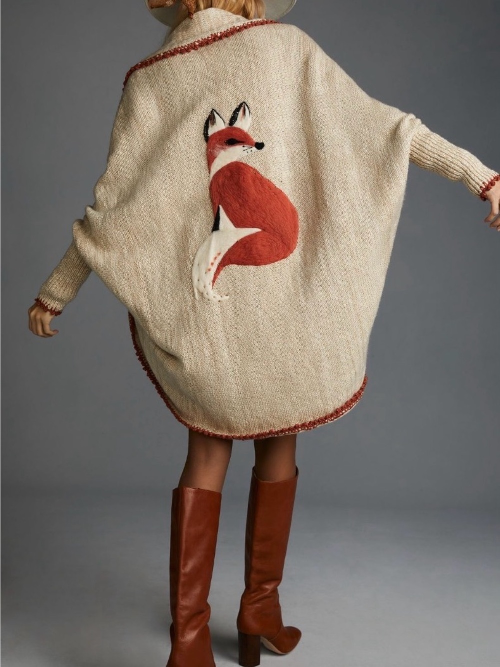 Anthropologie Cream Knit Poncho with Red Fox Appliqué